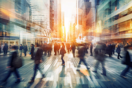 People walking in the city, motion blur, business and transportation concept. Multiple exposure busy street photo. Long exposure, blurred, business illustration.の素材