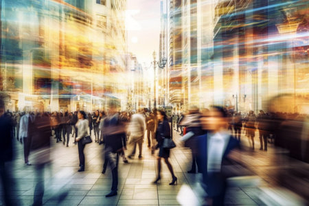 Business people walking in the city. Intentional motion blur effect. Multiple exposure busy street photo. Long exposure, blurred, business illustration.の素材