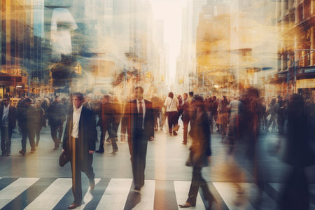 Business People Commuter Cityscape Walking Crosswalk Motion Blur Concept Multiple exposure busy street photo. Long exposure, blurred, business illustration.の素材