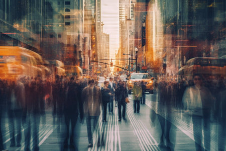Motion blur of people walking on the street in New York City. Multiple exposure busy street photo. Long exposure, blurred, business illustration.の素材