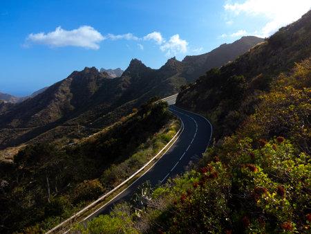 Great landscape of Anaga Mountains in Tenerife, Spain. Beautiful volcanic island. Asphalt curvy road in the mountains.の写真素材