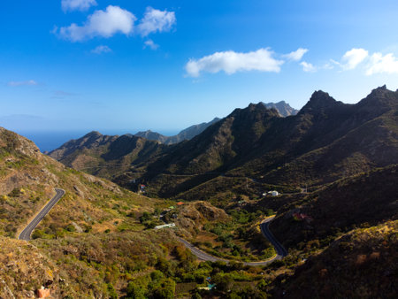 Great landscape of Anaga Mountains in Tenerife, Spain. Beautiful volcanic island. Asphalt curvy road in the mountains.の写真素材