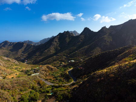 Great landscape of Anaga Mountains in Tenerife, Spain. Beautiful volcanic island. Asphalt curvy road in the mountains.の写真素材
