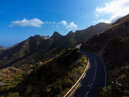 Great landscape of Anaga Mountains in Tenerife, Spain. Beautiful volcanic island. Asphalt curvy road in the mountains.の写真素材