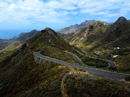 Great landscape of Anaga Mountains in Tenerife, Spain. Beautiful volcanic island. Asphalt curvy road in the mountains.の写真素材