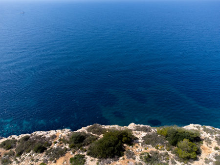 Aerial view of the sea and the island of Mallorca, Spainの写真素材