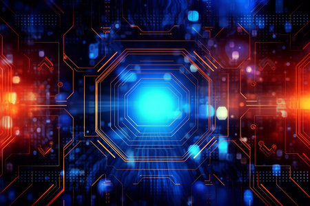 Abstract technology background with circuit board and blue lights. 3D Renderingの素材