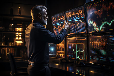 Side view of mature businessman working on computer in office at night.の素材