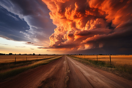 Dramatic stormy sky over a rural road at sunset.の素材