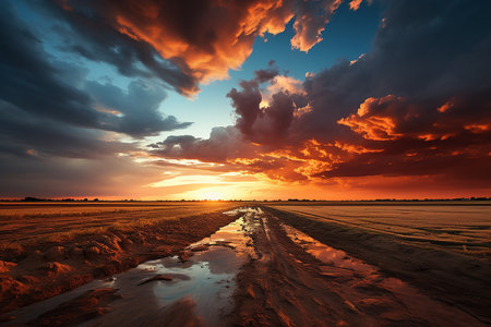 Beautiful sunset over the field. Landscape with dramatic sky.の素材