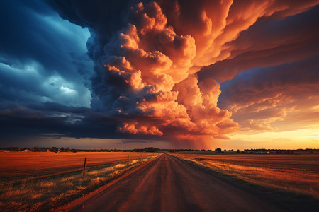 Dramatic sunset over rural road. Dramatic sky with stormy clouds.の素材
