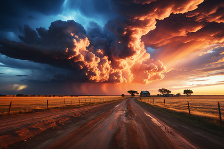 Dramatic stormy sky over rural road in rural area of Australia.の素材