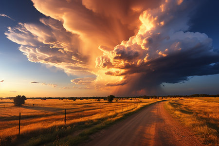 Dramatic sunset with thunderclouds over a country road.の素材