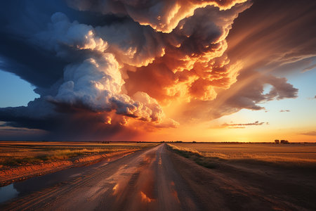 Dramatic sunset over country road. Dramatic sky with clouds.の素材