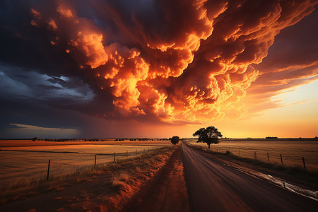 Dramatic sunset over rural road in Australia. Dramatic sky with clouds.の素材