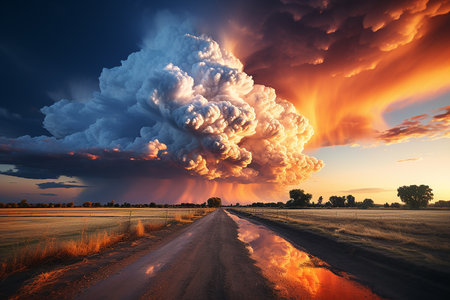Dramatic sky with stormy cloud over country road at sunsetの素材
