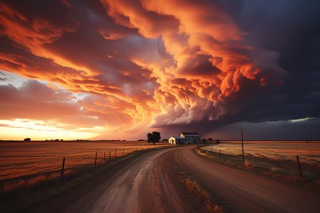 Dramatic sunset over a rural road in the countryside of South Australiaの素材