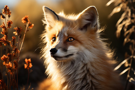 Red fox in the field at sunset. Beautiful portrait of a wild animal.の素材
