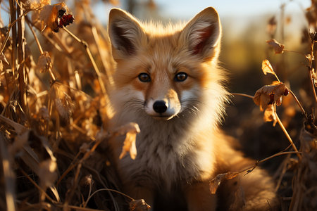 Red fox in the autumn field. Close-up portrait of a wild animal.の素材