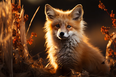Red fox in the field at sunset. Beautiful wild animal portrait.の素材