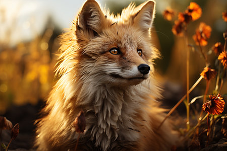 Portrait of a red fox in the field at sunset. Close-up.の素材