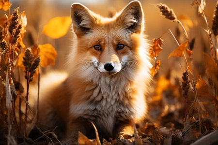 Red fox in autumn forest. Portrait of a fox in nature.の素材