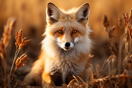 Red fox in the field at sunset. Close-up portrait of a wild animal.の素材