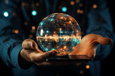 Close up of businessman holding smartphone with glowing globe. 3D renderingの素材