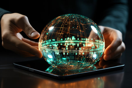 Close up of human hands using tablet pc with globe hologram. 3D renderingの素材