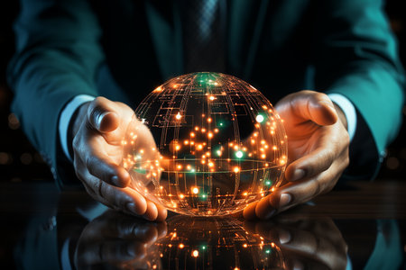 Close up of businessman hands holding globe with glowing lights. Global business conceptの素材