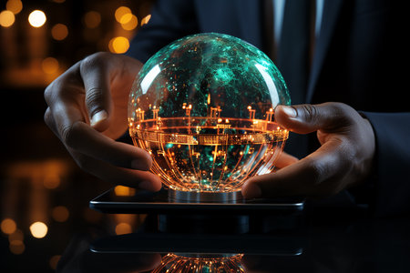 Businessman holding a glass globe with a city on the background.の素材