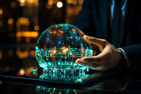Close up of businessman hands holding globe with glowing connection lines. Global business concept.の素材
