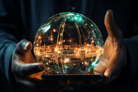Close up of human hands using tablet pc with global connection concept. mixed mediaの素材