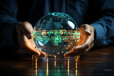 Close up of businessman hands holding glass globe with cityscape. 3D renderingの素材