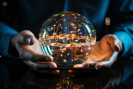 Smartphone in human hands and light bulb. Internet and technology concept.の素材
