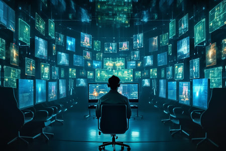 Silhouette of a businessman sitting on a chair in front of computer screensの素材