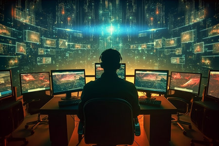 Silhouette of a hacker sitting in front of computer monitors with binary codeの素材
