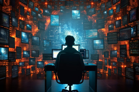 Silhouette of a hacker in a dark room with computer monitors and screensの素材