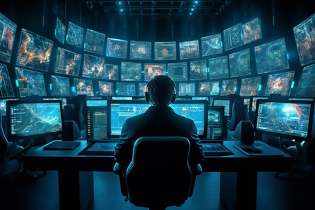 Back view of a hacker sitting in front of monitors and looking at the cameraの素材