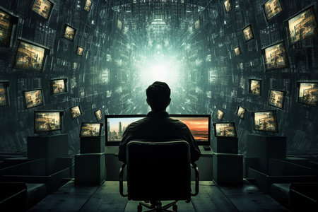 Rear view of businessman sitting in office chair and looking at photo screenの素材