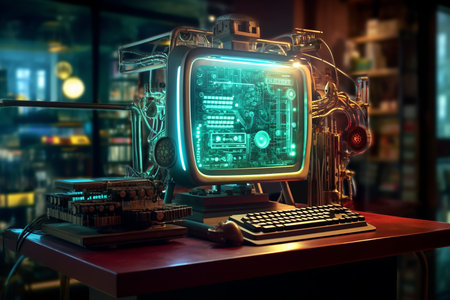 Futuristic old computer on the table. 3d rendering.の素材