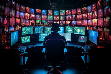 Silhouette of a man sitting in front of the monitors.の素材