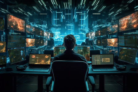 Back view of businessman sitting at desk in front of computer monitors with binary codeの素材