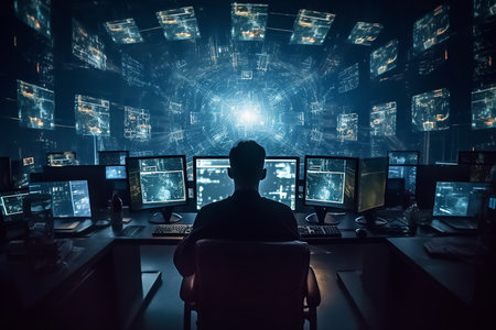 Silhouette of hacker in front of screens with binary code. 3D renderingの素材