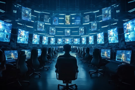 Cinema room with many screens in blue tone. selective focusの素材