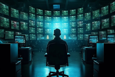 Silhouette of a hacker in a dark room with computers. The concept of cybercrime. 3d renderingの素材