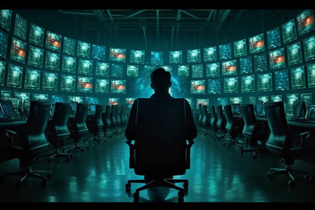 Silhouette of a businessman sitting in an office chair and looking at the monitor of the computer screenの素材