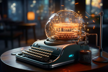 Retro typewriter with glowing light bulb. 3D Renderingの素材