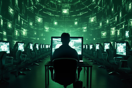 Silhouette of a hacker in front of a computer monitor with binary codeの素材