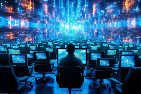 Back view of businessman sitting in front of computer monitors with binary code on the backgroundの素材